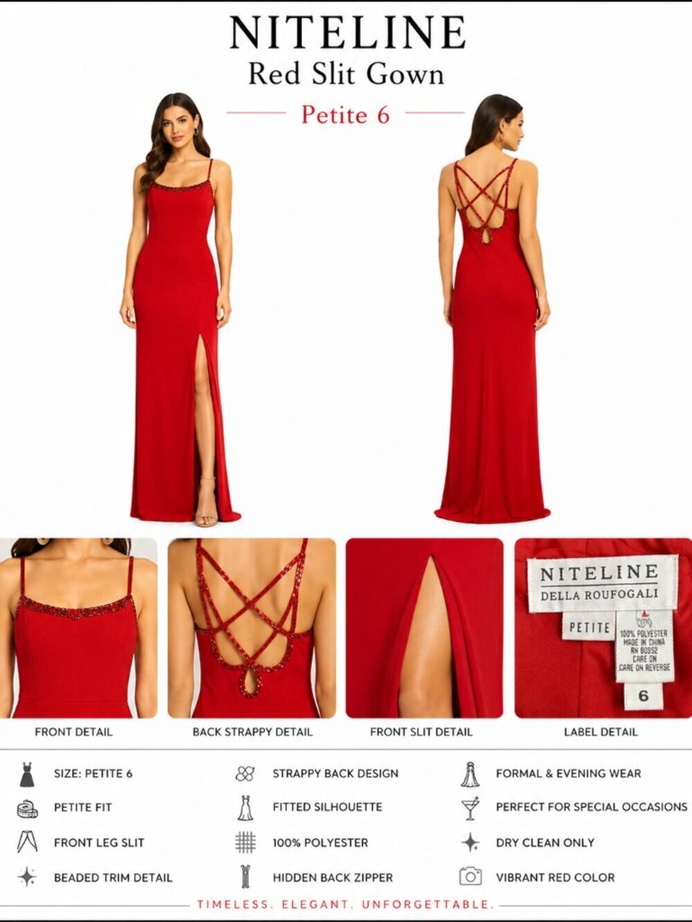 NITELINE Red Beaded Strap Slit Gown Petite 6